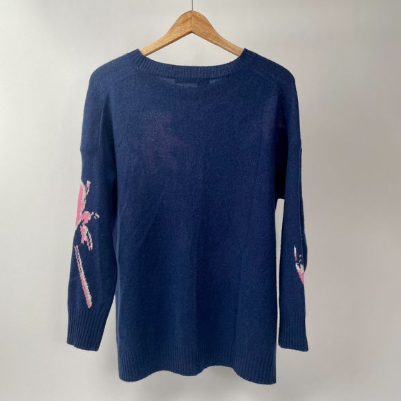 360 Cashmere Pullover Sweater, Blue With Pink/Cream Tree/Flower Motif, Size L - Picture 5 of 7